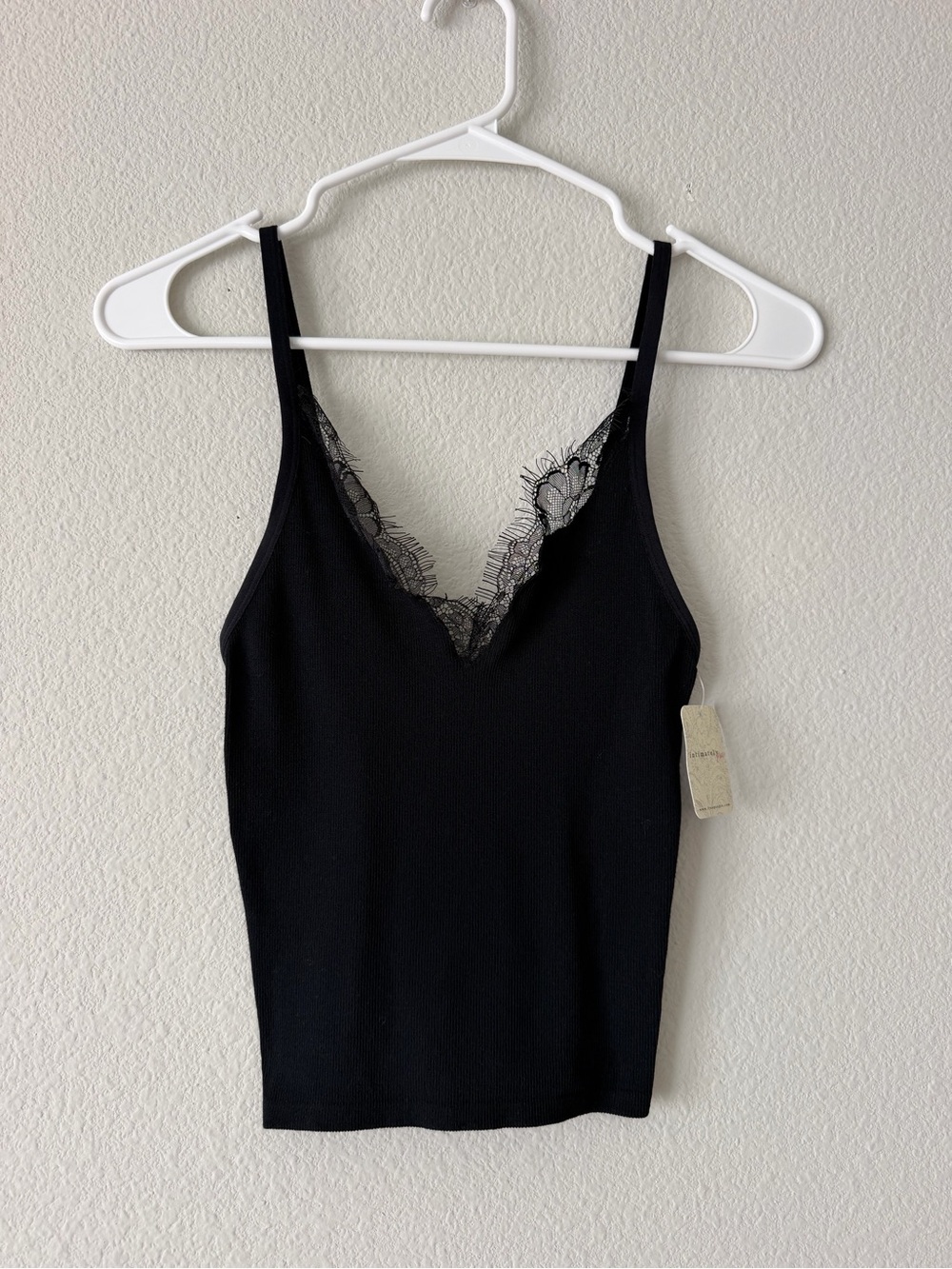 Free People Intimately Lace Trim Cami XS/S Black Ribbed Eyelash V-Neck Tank NWT